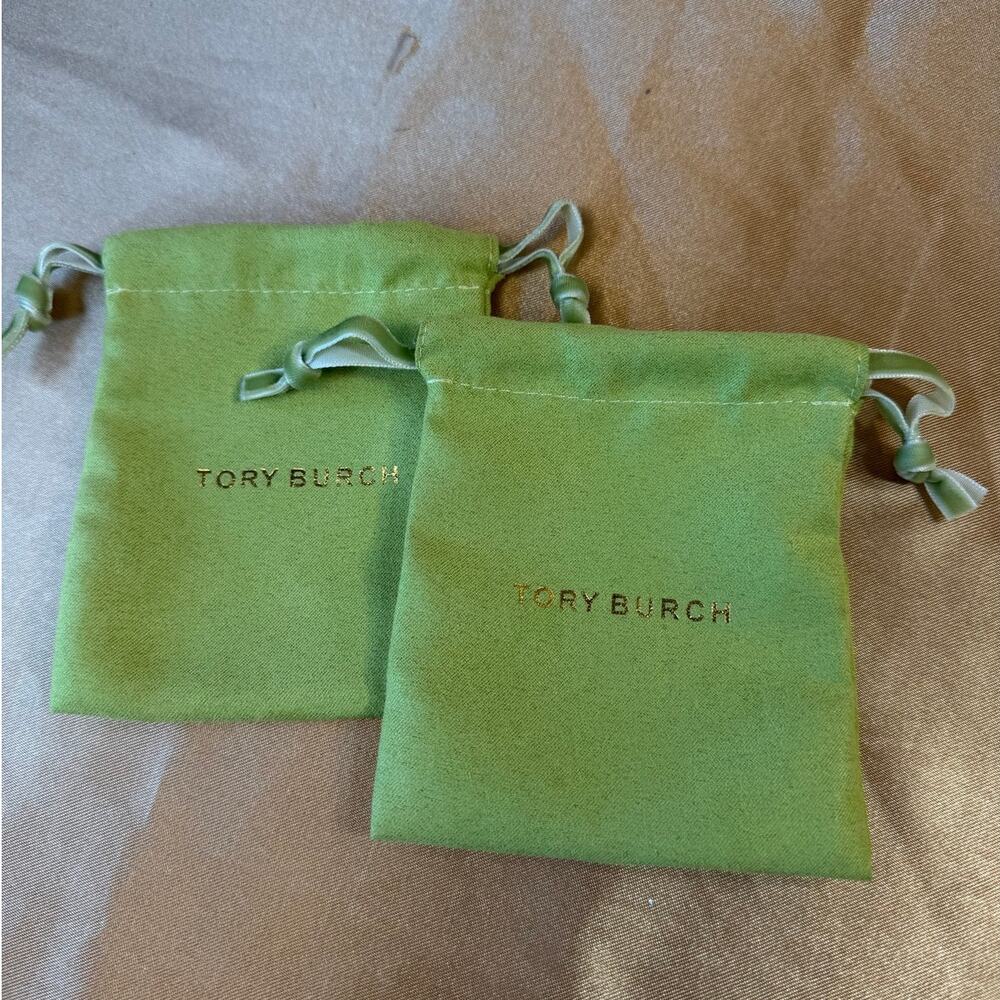 Lot of 2 Tory Burch Jewelry Pouch Bags Green Velvet Drawstring Storage Designers